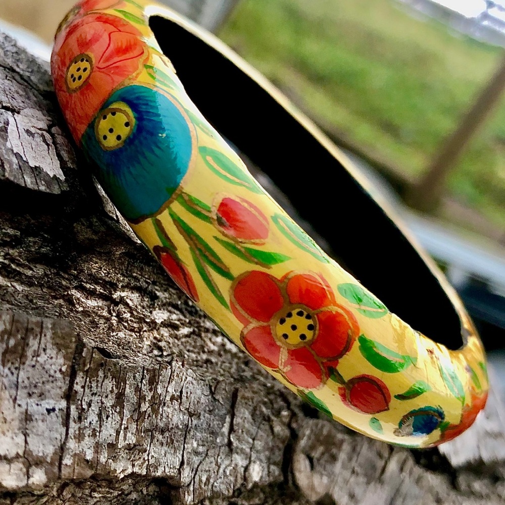 Vintage Hand-Painted Floral Boho Wooden Bangle
